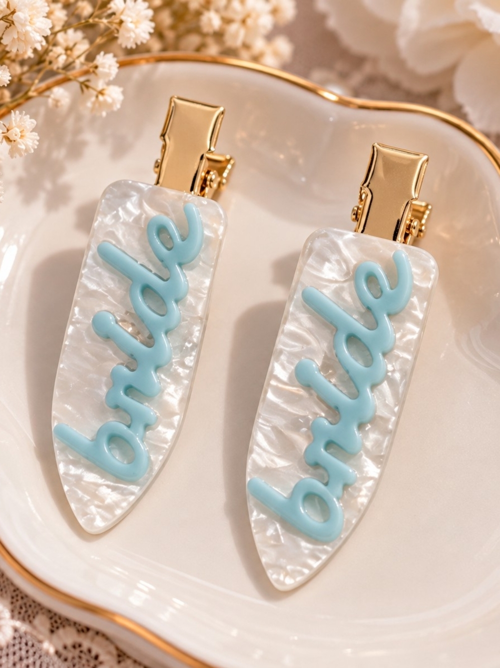 Blue Script 'bride' Pearlized Acrylic Hair Duckbill Clips Gold Tone New